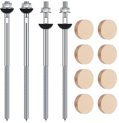 Shimeyao 4 Sets Wood Newel Post Mounting Kit with Square Bolts, Curved Washers, Nuts, Red Oak and White Oak Plugs for Stair Railing Handrail Installation, Residential and Commercial