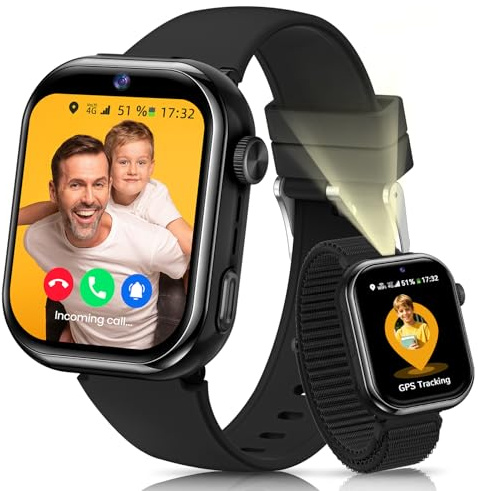 Velmood 4G Reloj Inteligente Niña, Smartwatch Niña con GPS y Llamadas, Videollamadas, Chat de Voz, SOS, Modo Escuela, Doble Cámara, Linterna, Podómetro, Sueño, Despertador IP68 para Niñas Niños Negro