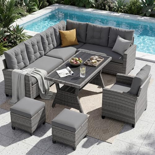 UDPATIO 9 Seat Rattan Garden Furniture Set | Outdoor Weatherproof Sofa with Dining Table Extra Armchair 2 Stools | Patio Conversation Sofa | Grey
