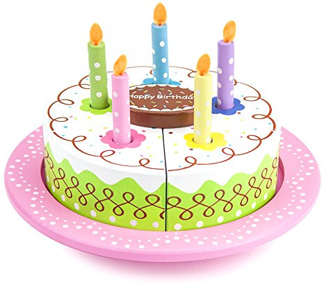 13 Piece Wood Happy Birthday Cake Set| Cake, Candles, Serving Tool & Tray|Party Roleplaying for Kids|Vanilla Cake