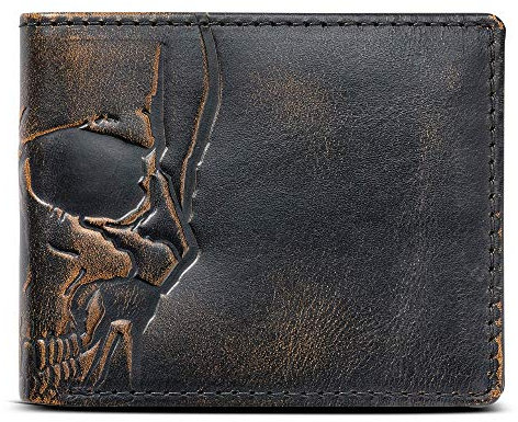 HOJ Co. Herren-Geldbörse, Totenkopf-Design, doppeltes Ausweis, genarbtes Leder, mehrere Kartenfächer