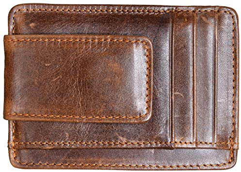 HOPSOOKEN Money Clip RFID Front Pocket Wallet Men Leather Slim Minimalist Wallet (Brown with ID Window (Crazy Hourse Leather))