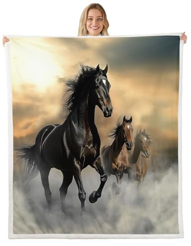 Black Horse Blanket Exotic Tribal Style Throw Blanket 3D Animal Pattern Farmhouse Theme Bed Blanket Cowboys Teens Adult Soft Sherpa Throw Blanket Horse Printed Fleece Blanket, Throw Size