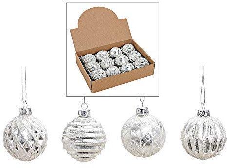 MC-Trend 12er Set edle Luxus Glas Weihnachtskugeln Ø 6cm Weihnachtsbaum Kugeln Christbaumkugeln Weihnachts Deko (Weiß Silber)