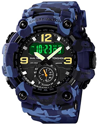 TONSHEN Hombre Sport Relojes Multifuncional Deportivo Impermeable Grande Plastico Caja y Goma Correa Alarma Cronómetro Fecha Analógico Cuarzo LED Tres Tiempo Reloj