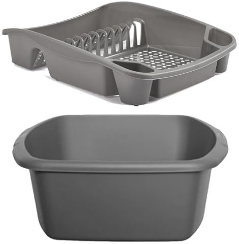 ZARVICZONIA Plastic Dish Drainer and Rectengular Bowl (set of 2) Silver Grey Plate Holders Organizer Dish Storage Dying Rack for Kitchen Counter Cabinet Cupboard