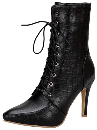 Joliss Mujer Tacón de Aguja Botas Cortas Puntiagudo Zip Botín Fiesta Tacón Alto Botines Invierno Warm Las Agujetas Botas Negro Talla 37 EU/38Cn