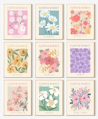 Flower Market Posters Set of 9, Minimalist Wall Art Prints, Vintage Flower Pictures, Abstract Canvas Colorful Floral Painting for Living Room, Bedroom, Dorm