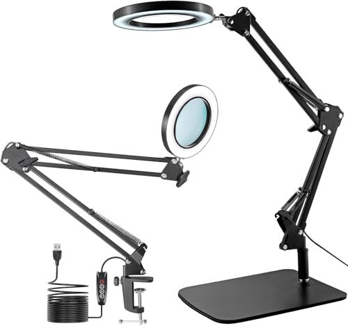 Viiwuu 15X Magnifying Glass with Light, LED Desk Lamp with Base and Clamp, 3 Color Modes, 10 Brightness, 72 LEDs, 4.2 Diameter Real Glass Lens LED Magnifying Glasses for Reading Work Repair
