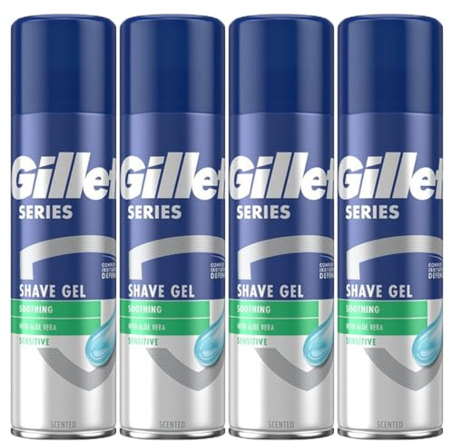 Gillette Men Shaving Gel Sensitive Skin Soothing Aloe Vera 200ml Pack of 4 Original Scent Clean Shave Foaming Lather Soft Face Body with Welari Thank You Card | (4pack) (800ml)
