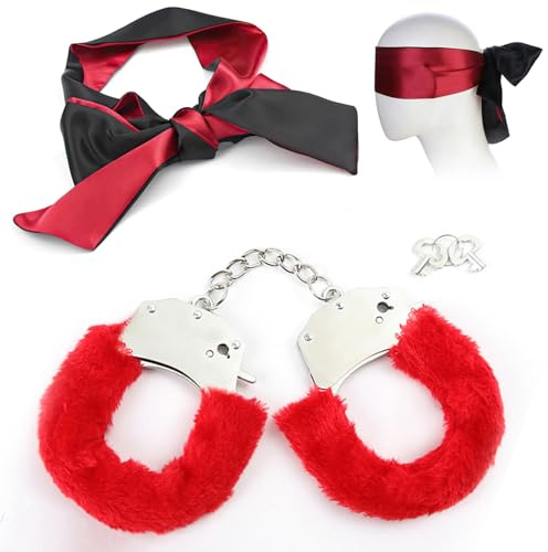 Metal Handcuffs Set, Sex Toys for Adult with 1.5m Satin Blindfold, Thickened Hand Cuffs Bedroom Handcuffs and Blind Folder Set for Adults, Fluffy Handcuffs Play Cosplay Props (Red)