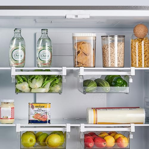 Fangoo 2 Pièces Rangement Frigo Rétractable Organiseur de Rangement pour Réfrigérateur et Congélateur avec Rail Coulissant Réglable pour Réfrigérateur Boite de Rangement pour Nourriture Boissons