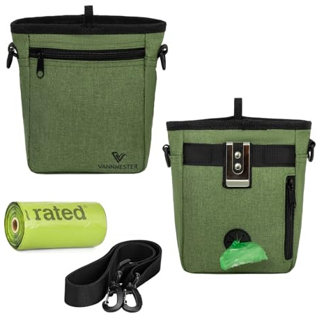 VANNMESTER Dog Treat Pouch with Stronger Magnetic Closure Dog Treat Pouch 4 Cup Front Pocket fits All Phones Built-in Poop Bag Dispenser (Green)