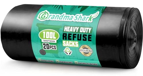 GRANDMA SHARK 100L Heavy Duty Bin Bags, Recycled Material Refuse Sacks, Strong 33 Micron Black Bin Bags, 20 Pack for Home & Commercial Waste Disposal, Durable & Leak-Proof