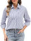 Xnova Bluse Damen Langarm Gestreifte, V Ausschnitt Button Down Hemd Oberteile Tops Baumwolle Streifenbluse, Elegante Hemdbluse Blusenshirt Casual Büro Basic Shirt Business Outfit (Blau, L)