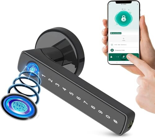 Türschloss Fingerabdruck, Smart Lock, Elektronisches Türschloss - Für Innentüren mit einer Stärke von 35-55 mm – smartes Türschloss – Per App gesteuert – mit Rosette und 2 Magnetkarten - Schwarz