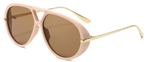 YAMEIZE Gafas de sol de piloto de gran tamaño para mujeres y hombres, redondas, de los años 70, retro, doble puente, vintage, montura grande, punk, gafas de sol UV400, Rosa/champán