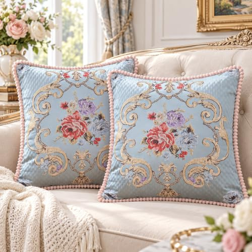 Traziewell Sky Blue Cushion Covers 48 x 48 cm Set of 2 Square Pillow Case for Sofa Chair Bedroom Modern Decor Home Office Couch Embroidered Cushion Cover 208