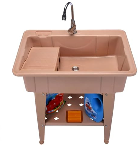 Lavandino in plastica PP con lavabo, autoportante, vasca da bagno con scolapiatti e piedini regolabili, capacità di carico 200 kg, per lavanderia e garage