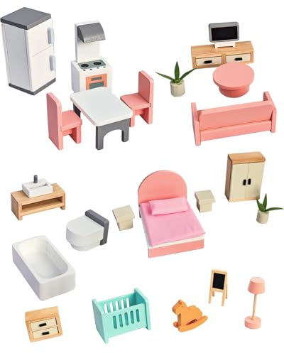 Lonsien Puppenhaus Möbel Holz Set 23 Puppenhaus Zubehör Puppenhausmöbel für Jungen Mädchen Rollenspiel Geschenk