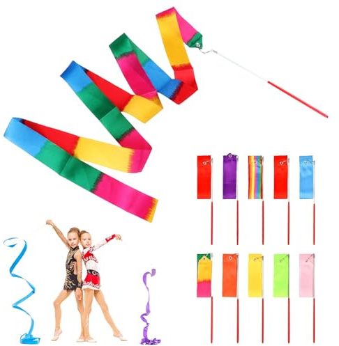 10pcs Multicolor Dance Ribbon, 2m Gymnastics Ribbon Wands, Dancing Twirling Ribbon, Circus Carnival Ribbon with Sticks Wands for Artistic Dancing Gymnastics Birthday Party Decoration