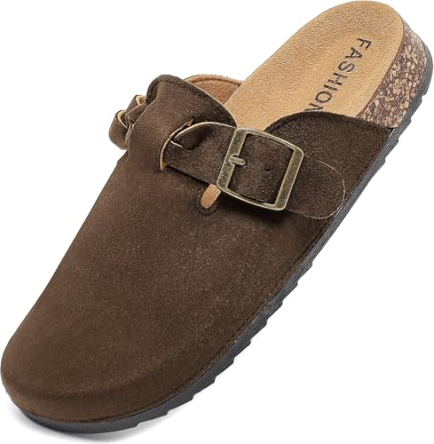 Women's Suede Clogs, Cork Footbed Leather Mules, Slip-On Potato Shoes