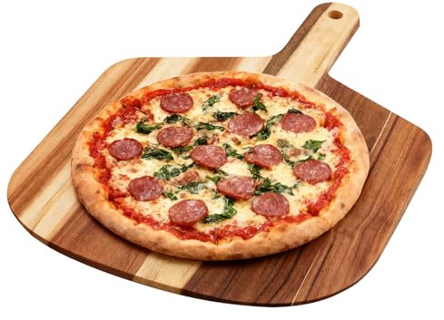 Velicber Plato para Pizza Madera, Tabla para Pizza Madera de Acacia, Pala para Pizza con Asa, Plato para Servir y Corta, Tabla de Madera para Pizza, Quesos, Embutidos y Pan, 44.5x30.5x1.2 cm