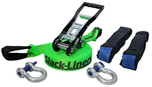 Slackline Komplett-Set - 6-Teilig - 50mm breit - 15m lang Grün - mit Langhebelratsche und Baumschutz - Made in Germany