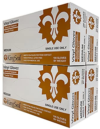 KingSeal MEDIUM Vinyl Disposable Gloves, Powder-Free and Latex-Free, 4 mil, Clear - 4 Boxes of 100 Gloves by Weight (400 Count)