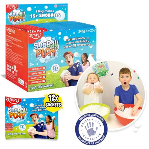 ZIMPLI - 12 x Snoball Play Party Bag Fillers, Magically turns water into Artificial Fake Instant Snow, Pass the Parcel Gift, Stocking Fillers for Kids