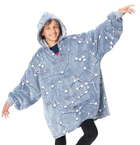 Kangurone Glow in the dark Constellations, hoodie, överdimensionerad bärbar mikrofiberfilt, med huva och väska, en storlek för barn, belysning i mörker, blå med arrangemang, 75 x 75 cm