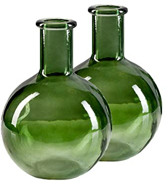 Serene Spaces Living Set of 2 Green Bottleneck Round Glass Vase, Vintage Bulb Flower Vase for Console Table, Shelf, Living Room, Bathroom, Office, Wedding, (5.3 Inches Diameter & 7.48 Inches Tall)