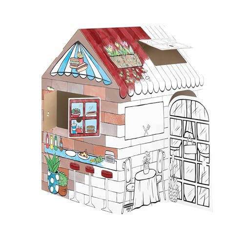 BANKERS BOX at Play Treats & Eats Cardboard Playhouse for Kids – Colour-In Craft Cafe Design – FSC Certified & 100% Recyclable – Creative Indoor Playhouse Toy XXL (‎81.3 x 96.5 x 121.3 cm) – Ages 3+