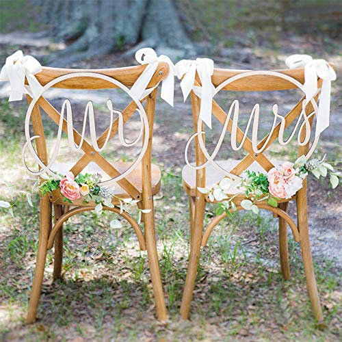 OmeHoin Stuhlschilder Aus Holz Für Braut Und Bräutigam Mit Schleife Für Hochzeitsfeier Valentinstag Restaurant Café Heimdekoration Und Foto-Requisiten (MR MRS)
