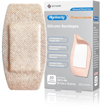 Hysimedy Silicone Adhesive Bandages Large Sizes for Sensitive Fragile Skin 2x4 20 Count Flexible Fabric Latex Free Hypoallergenic Breathable XL Bandages for Adhesive Allergy Wounds