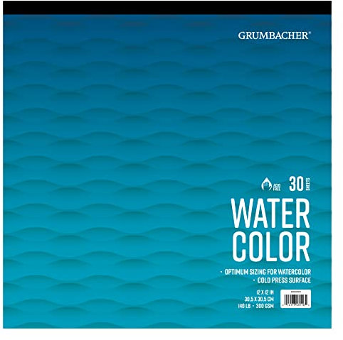 Grumbacher 12 x 12 Cold Press Watercolor Paper Pad, 140 lb. / 300 GSM, Tape-Bound, 30 Sheets/Pad, 1 Each