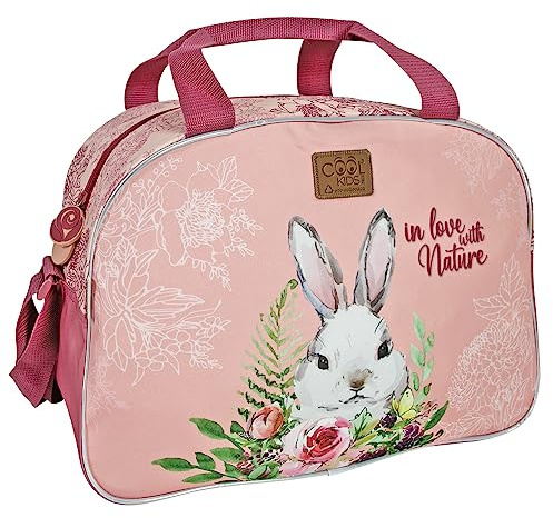 PERLETTI Sac de Sport Imprimé Lapin Blanc pour Fille Tissu Recyclé - Sac de Voyage à Bandoulière Rose Léger Résistant Gamine - Sac de Gym Ecologique Détails Réfléchissants - 28x41,5x21 cm (Lapin)