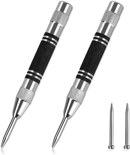 WuGU 2 Piezas Punzón Central Automático, Tensión Ajustable Granete Automatico Punzon con 2 Puntas de Repuesto, Punzones para Metal, Vidrio, Madera, Plástico