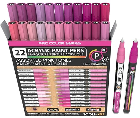 Acrylic Paint Pens 22 Pink Tones Assorted Pro Colour Series Markers Set 0.7mm Extra Fine Tip for Rock Painting, Glass, Mugs, Wood, Metal, Canvas, Projects, Non Toxic, Waterbased, Quick Drying