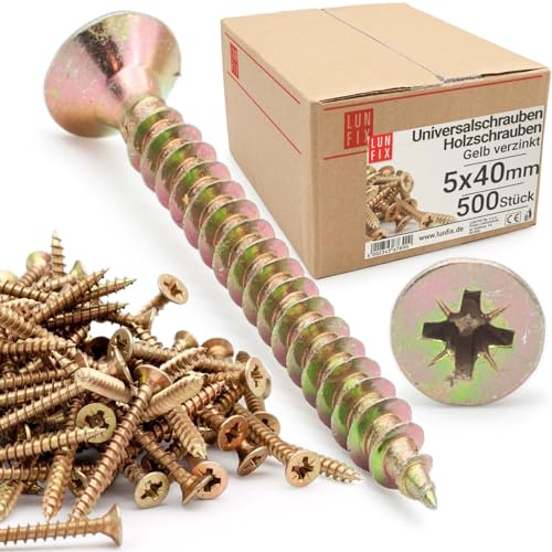 Tornillos universales para madera 5,0x40 mm (500 Uds.), autorroscantes cabeza plana cruz PZ2, amarillos zincados multiusos para aglomerado, bricolaje y metal Lun Fix
