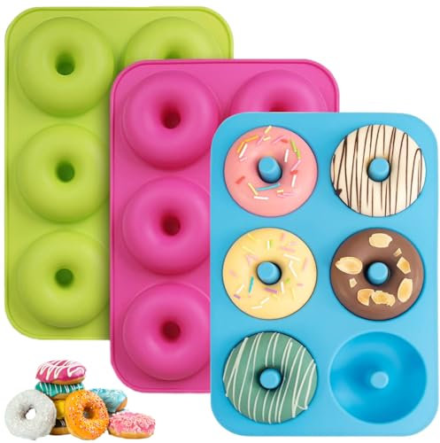HIKPACKER 3 Stück Donuts Backform Silikon, 6 Hohlraum Donut Backform, Antihaft Donutform Bpa-Frei Donut Form, Donut Formen, Gelten -40 Bis 230 Grad Gut Zum Backen Von Donuts, Grün, Rosa, Blau
