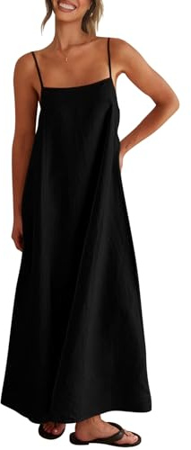 Shy Velvet Women's 2026 Summer Linen Maxi Dress Contrast Spaghetti Strap Dress Backless Casual Party Beach Dresses Black