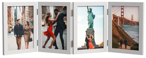 WARM&LOVE 4 Picture Frame, 4x6 Four Folding Hinged Photo Frames, Rustic Wood Desk Family Photo Collage Stand Vertical on Tabletop for Birthday Family Lover Gift (White)