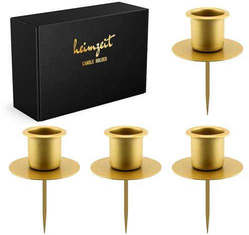 heimzeit Portacandele in Metallo con Punta per Candele a Stelo e Candele da Tavolo [4 Pezzi, Oro] Design Elegante, Portacandele per Corona dell'Avvento per una decorazione d'interni elegante