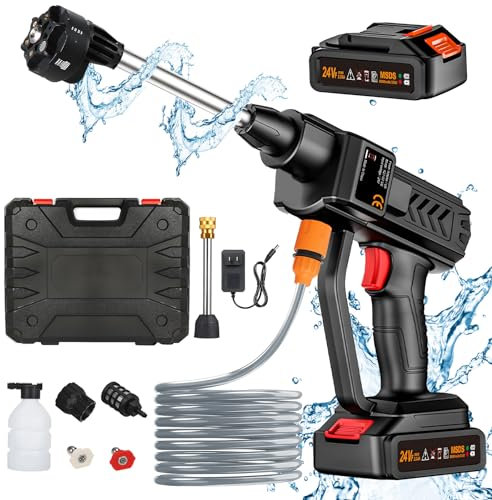 Nettoyeur Haute Pression Buse 6 en 1, 260 PSI Nettoyeur Haute Pression sans Fil avec 2 Batteries, Nettoyeur Haute Pression Batterie avec Tuyau, Pot en Mousse, Adapté pour Nettoyer Les Voitures, Sols