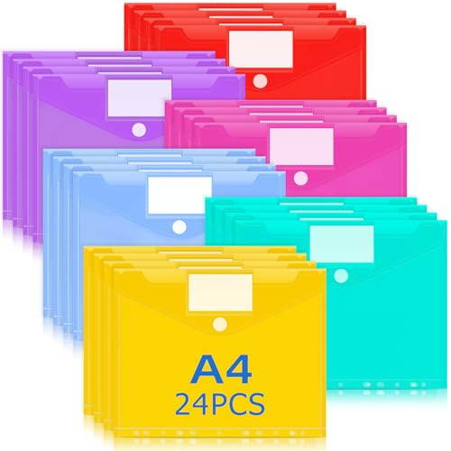 Caianwin Carpeta para documentos A4, 24 unidades, A4, para archivar, 6 colores, borde perforado, bolsillo para documentos, archivable con bolsillo para etiquetas, resistente al agua, para organizar