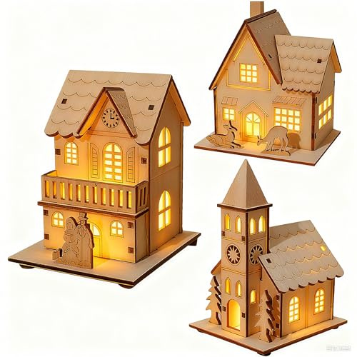 Hegawleo 3 Stück Weihnachtsdorf Mit Beleuchtung, Wichtelhaus Bausatz Holz Aus Batteriebetrieben, Weihnachtshaus Deko, Wichteltür Weihnachten, Innen Mini Weihnachtsstadt Für Weihnachten, Anhänge (A)