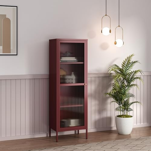 [en.casa] Armadio a Vetrata con 4 Scomparti Credenza Alta Libreria Espositiva Vetrinetta Anta in Vetro Semitrasparente Scanalato 150 x 50 x 35 cm Mobile in Acciaio - Rosso Vino