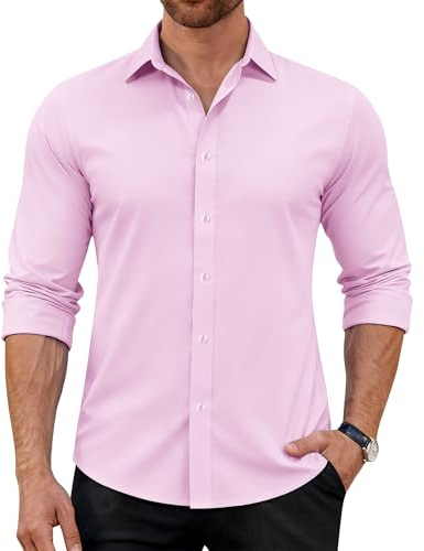 J.VER Mens Shirts Long Sleeve Pink Business Casual 4-Way Stretch Fashion Formal Dress Button Down Shirt for Men Adlut M