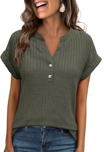 ANRABESS Womens Short Sleeve Henley Shirts V Neck Summer Sweaters 2026 Spring Business Tunic Tops Dressy Casual Work Blouses Deep Green Large
